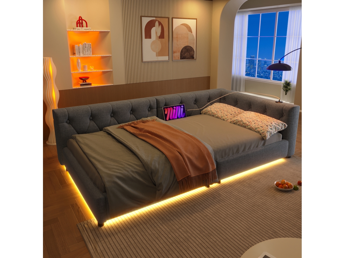 Daybed Cinza 90x200cm, Sofá-cama, Led, Usb-c, Cabeceira Tufada, Linho. -op