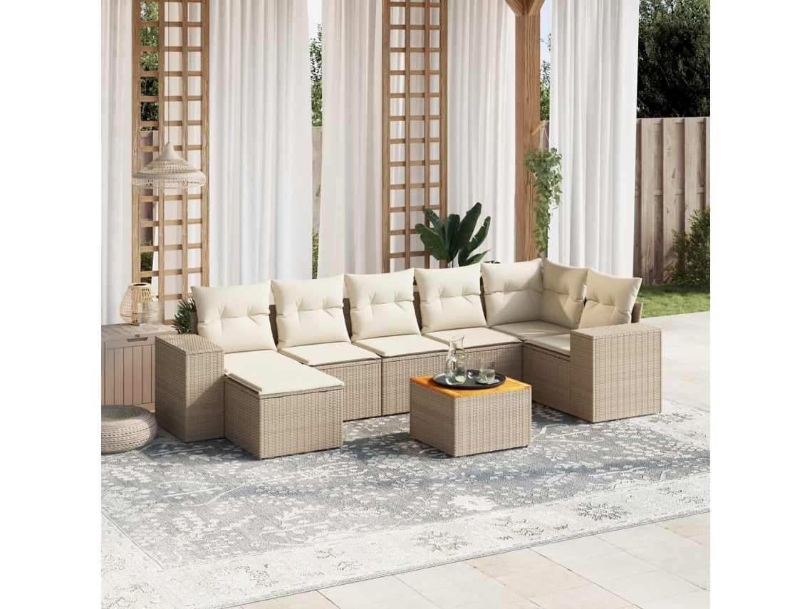 Vidaxl 8 Pcs Conjunto De Sofás P/ Jardim Com Almofadões Vime Pe Bege