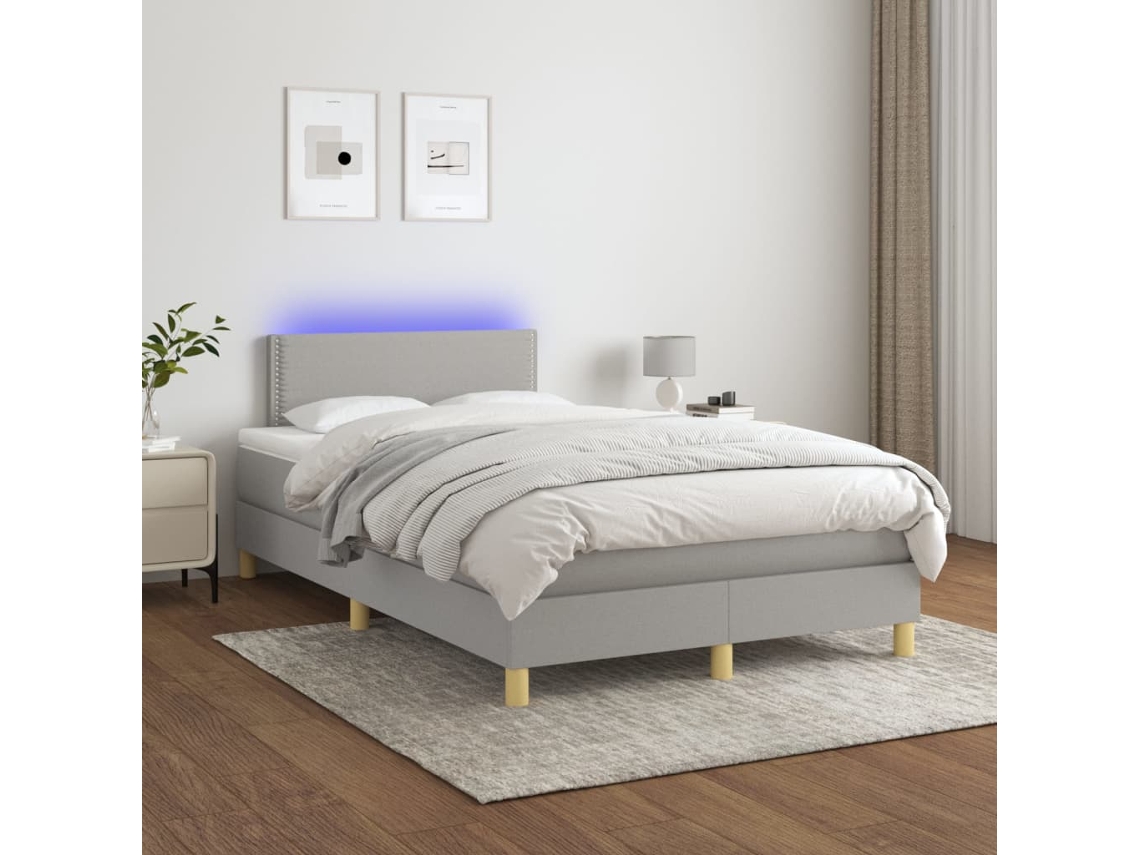 Vidaxl Cama Box Spring C/ Colchão E Led 120x200 Cm Tecido Cinza-claro