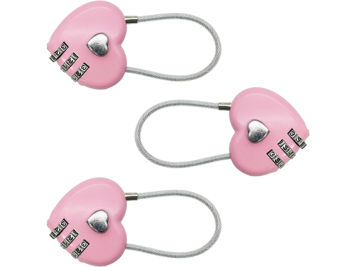 Conjunto De 3 Cadeados Combinação Fofos Em Formato Coração Mini Para Mochilas, Armários De Bagagem, Caixas De Joias Rosa
