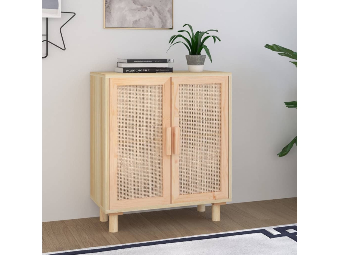 Aparador 60x30x70 cm Madera de Pino Macizo/Mimbre Natural Marrón