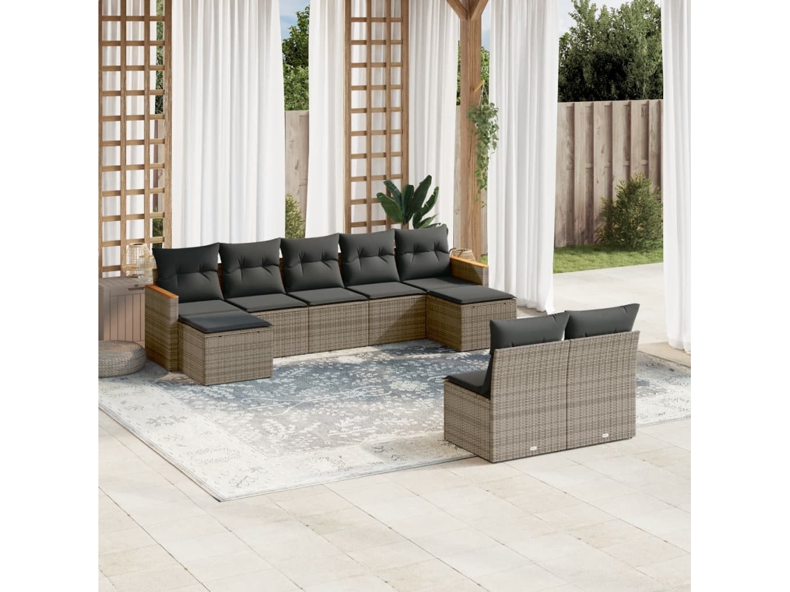 Vidaxl 9 Pcs Conjunto Sofás P/ Jardim Com Almofadões Vime Pe Cinzento