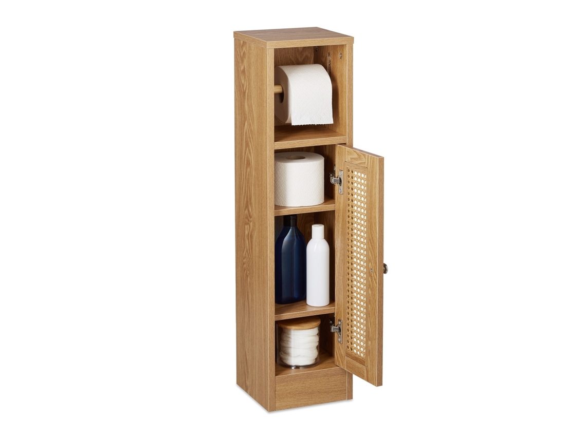 Armário fino para papel higiênico com armazenamento ajustável e detalhado em rattan.
