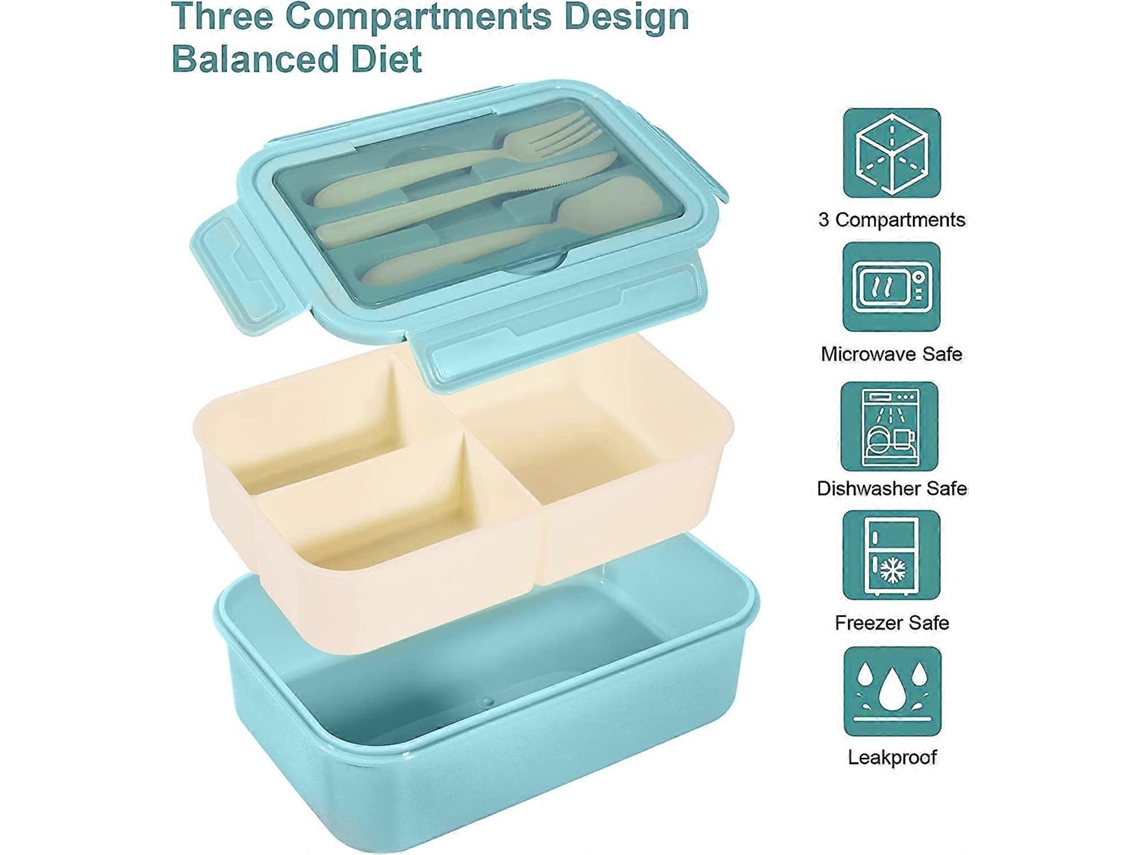 Bandeja de Almoço de 1400ml para Adultos e Crianças com 3 Compartimentos, Talheres, Antiderramamento, Lavavajillas e Sem Bpa
