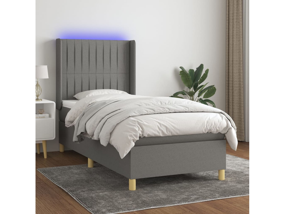 Vidaxl Cama Box Spring C/ Colchão E Led 90x190 Cm Tecido Cinza-escuro