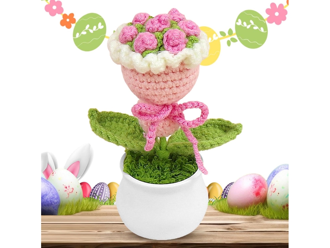 Flores De Crochê, Vaso De Flores Com Um Buquê De Flores Coloridas Tricotadas Para