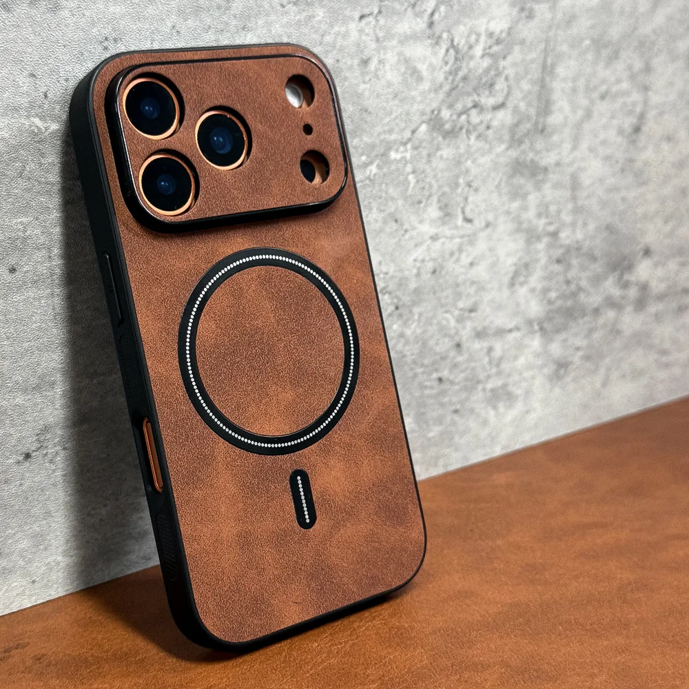 Capa Para Iphone 14 Plus Em Couro Sintético Marrom Escuro, Compatível Com Carregamento Sem Fio Magnético Magsafe.