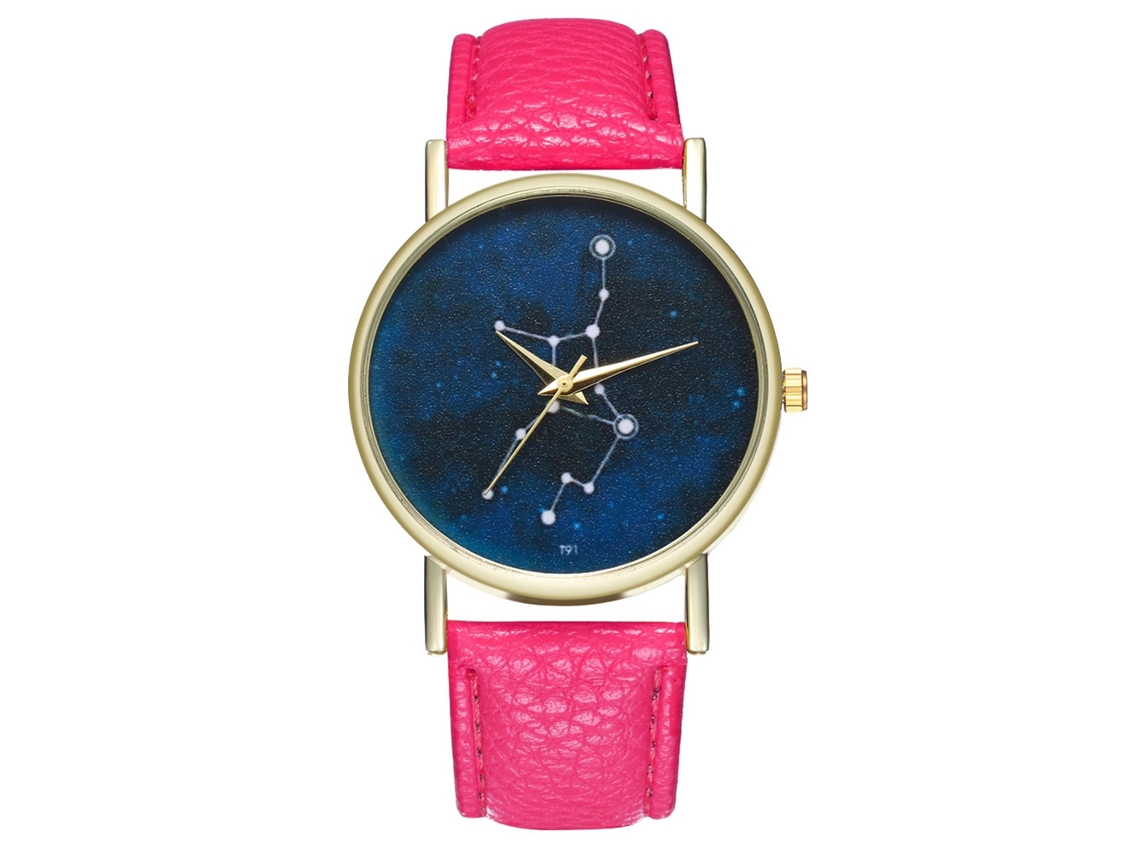 Relógio de quartzo com pulseira de couro PU, mostrador redondo moderno, céu estrelado, vermelho e rosa.