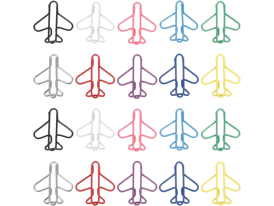 Conjunto Inoomp com 100 pequenos clipes de metal em formato Avião, em núcleos classificados, para organização pessoal e