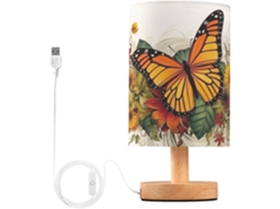 Abajur De Cabeceira Led Com Flores E Borboletas Para Quarto, Luminária De Leitura Com Cúpula Tecido, Base De Madeira E