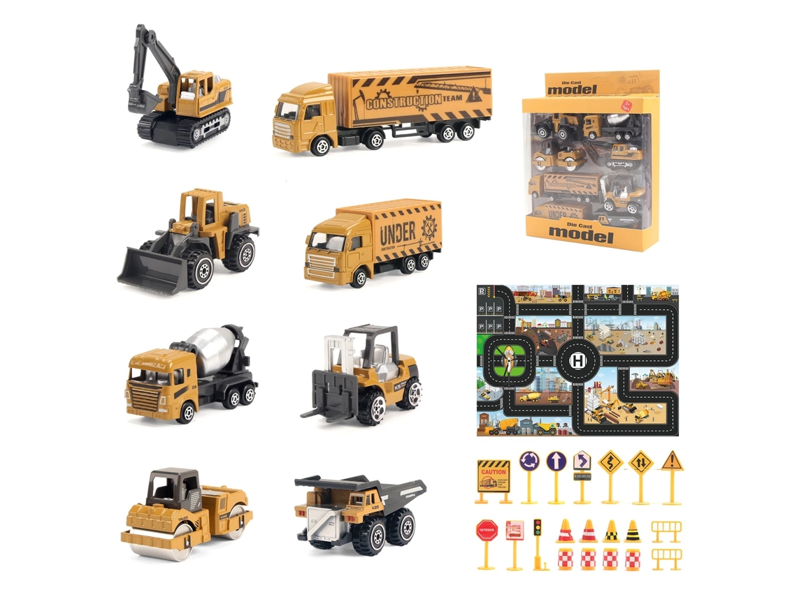 (estilo A) Conjunto De 8 Peças De Caminhão De Construção Fundido Em Metal, Incluindo Tapete De Brincar E Placas De Sinalização, Brinquedo De Metal