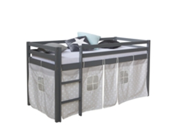 Cama Alta De 90x200cm Com Escada De Madeira Cinza E Tecido Com Estampa De Estrelas Lit06177/2