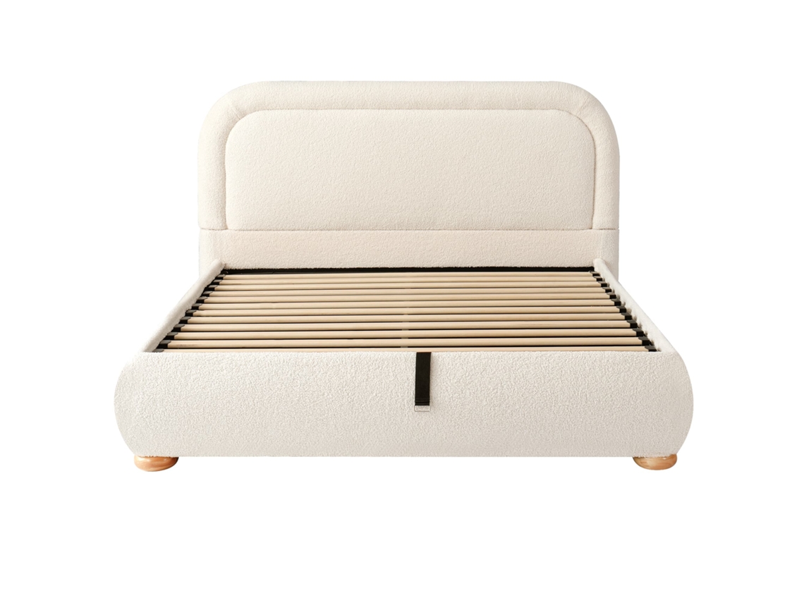 Cama De Casal 140x190 Cm - Cabeceira Acolchoada, Estrado De Ripas, Arrumação, Hidráulica - Bege