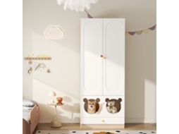 Guarda-roupa Infantil C/ Cabideiro, Cama Gato, Painéis Laqueados + Mdp, Puxadores Cerâmicos Coloridos, Branco + Madeira Natural, 80x50x200cm, Quarto