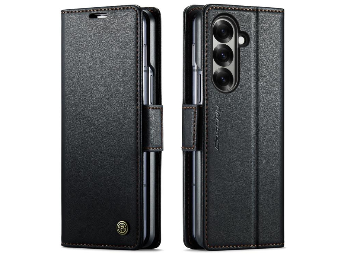 Capa Para Samsung Galaxy Z Fold 7 De Couro Rfid Antirroubo Com Textura De Lichia E Fivela Borboleta Preta