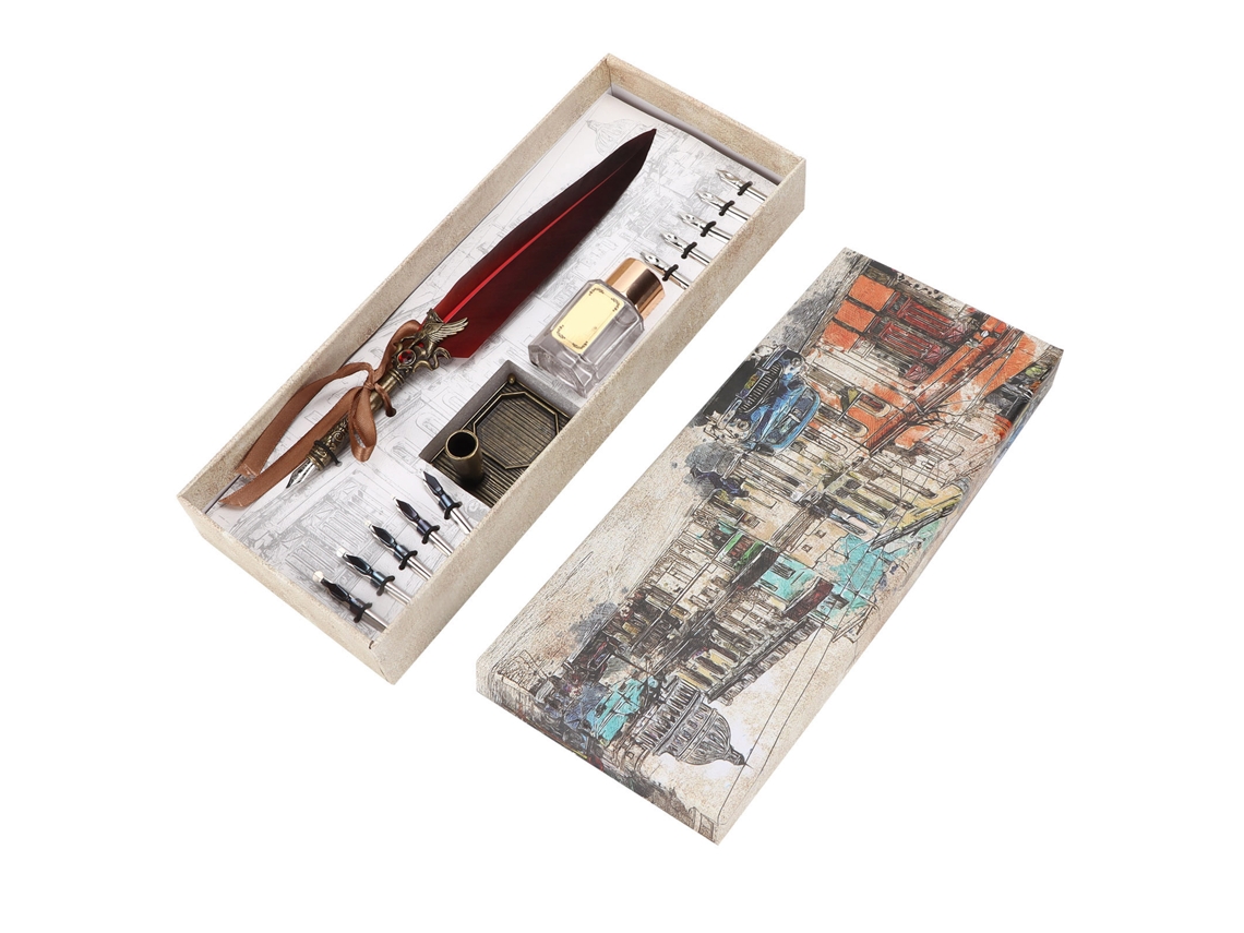 Conjunto Pluma De Pluma Vintage Creatividad Tinta Grabado Para Regalo Caja Regalo Burdeos