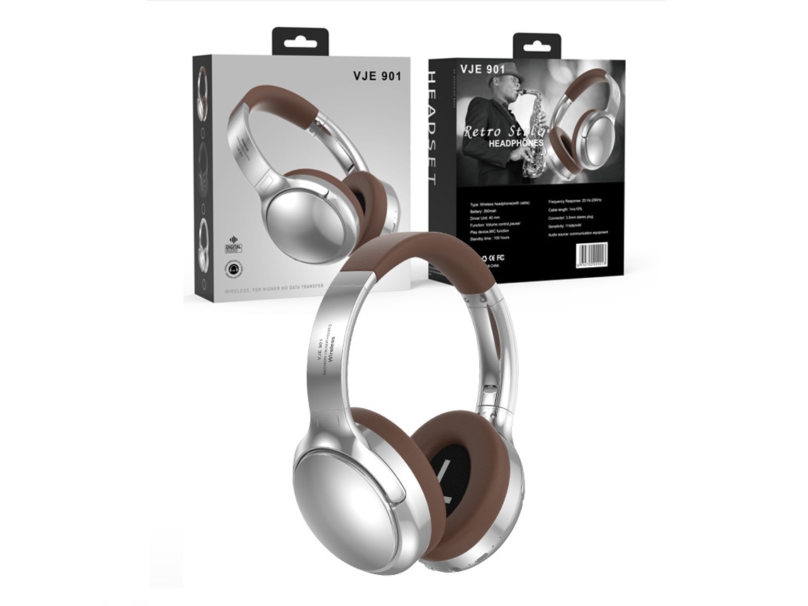 Fones De Ouvido Bluetooth Vje901 Retro Metal Over Ear, Esportivos Sem Fio, Marrom Retrô Ushion