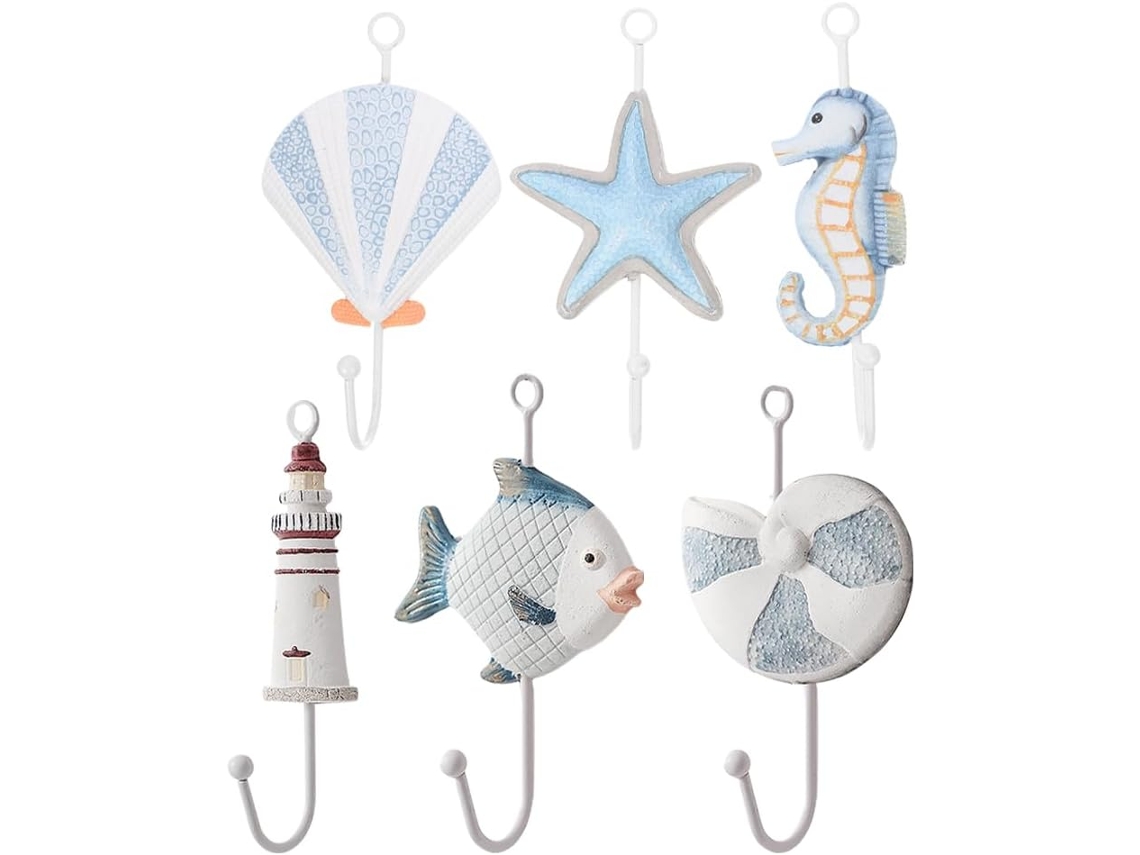 Conjunto De 6 Ganchos De Parede Com Tema Oceânico Em Estilo Mediterrâneo Para Pendurar.