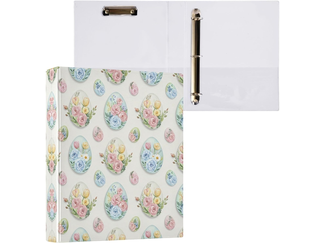 Pasta de 3 Argolas para Papel Tamanho Carta , Lindas Estampas Ovos Páscoa com Prancheta, Pranc (27,9 X 21,6 Cm)