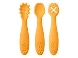 Conjunto de Talheres de Silicone para Bebê com 3 Peças, Incluindo uma Colher e um Garfo Macios. MDUG (amarelo)
