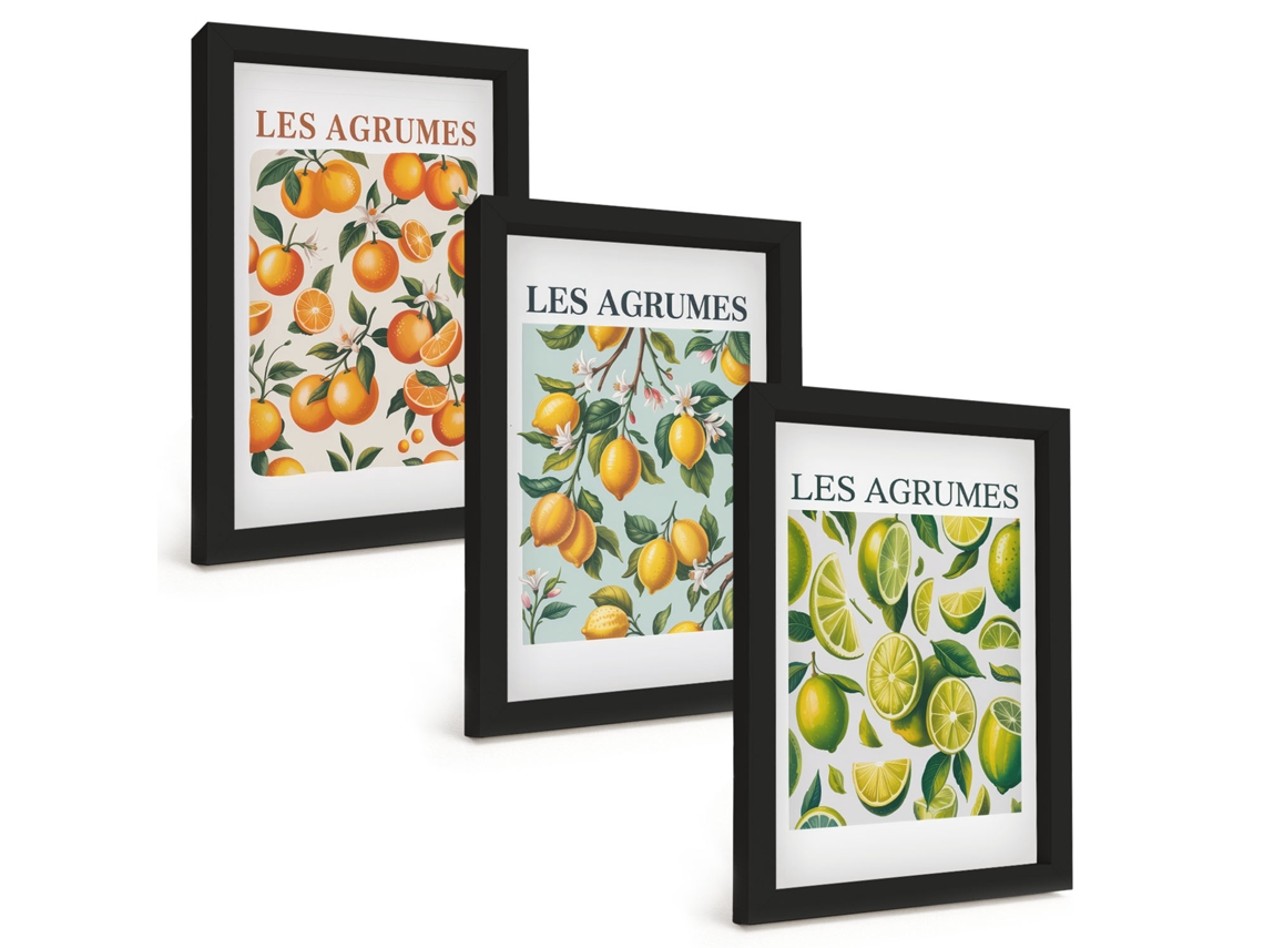 Composição De Quadros Na Paredepadrões De Frutas Cítricas Em Tons Pastel Moldura Preta Quadros Para A Sala De Estar Espelharte (3 Peças 20x30 Cm)