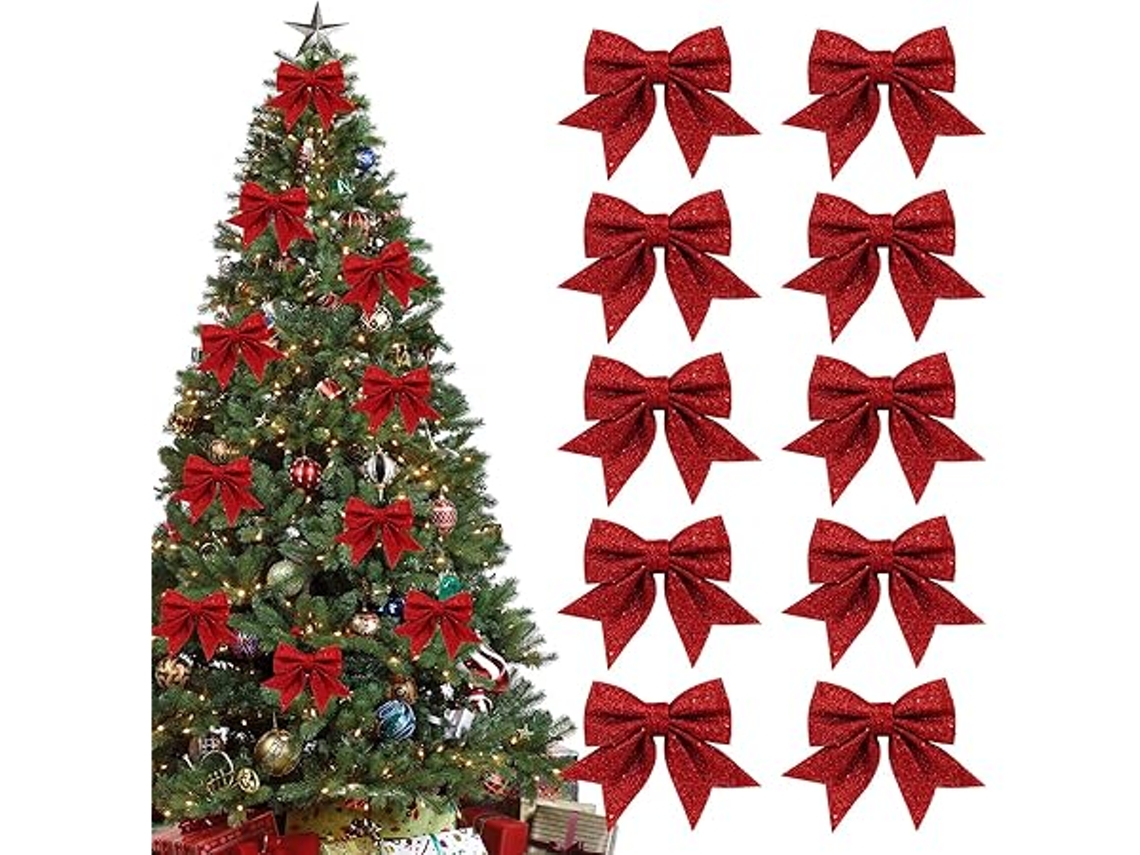 Conjunto de 10 Fitas Natalinas Vermelhas com Laços e Brilhos para Decorar uma Árvore Ideais para Festas em Casa, Ergonômico, Uso Diário STELASPLEN