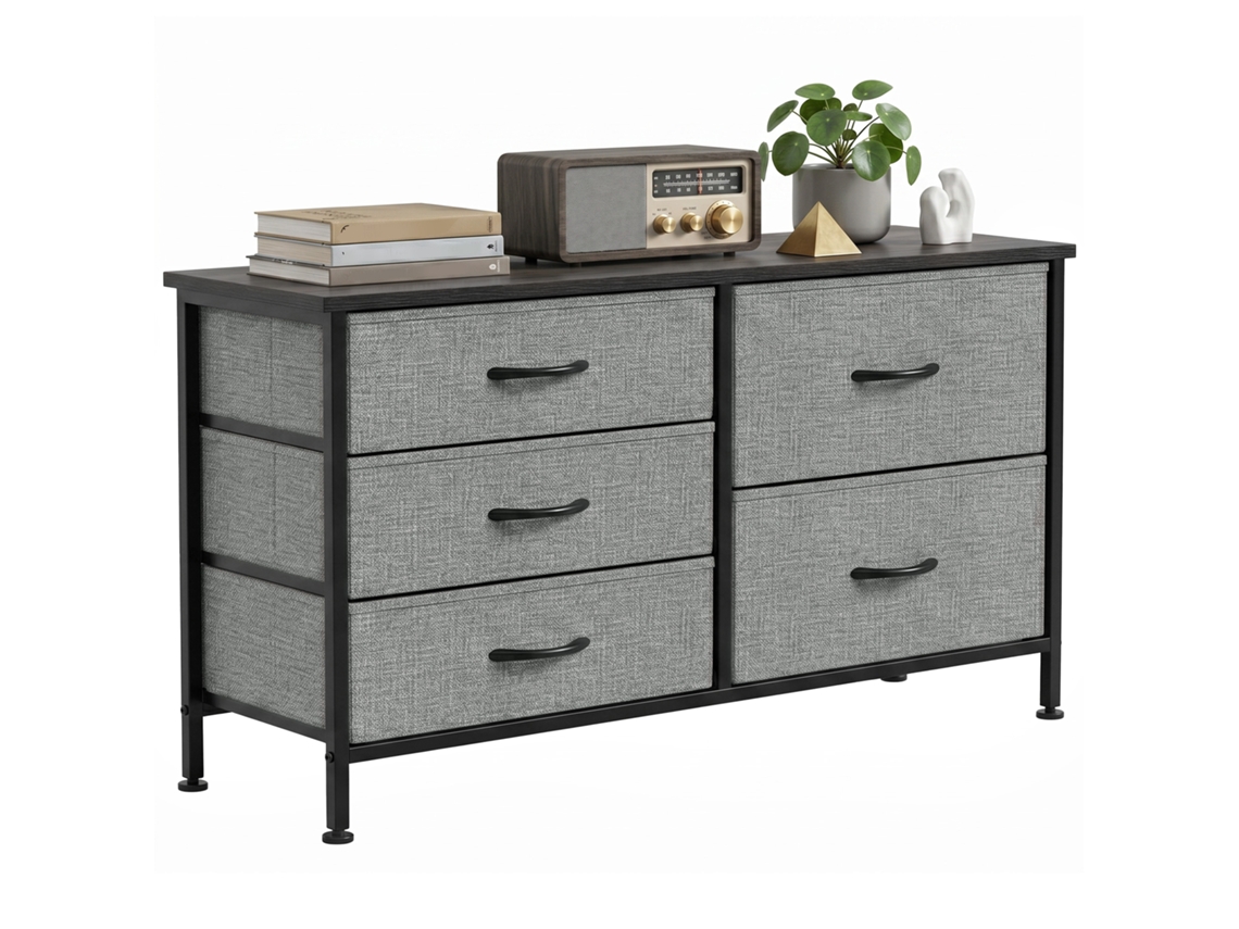 Cômoda de Tecido com 5 Gavetas, Cômoda para Quarto, Estrutura de Aço, Gaveteiro para Sala de Estar Ou Escritório, Cinza Escuro e Preto. ZACHARY
