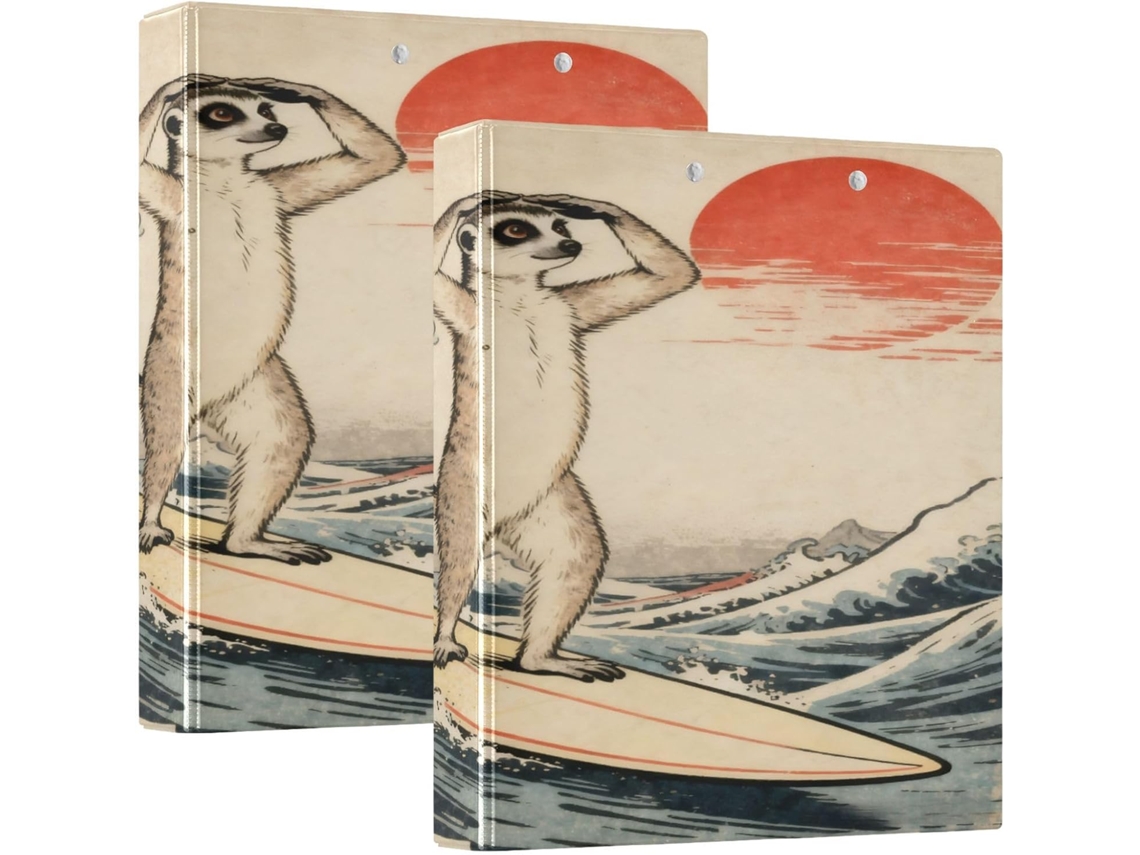 Adesivo de mesa com estampa de suricatas surfando no oceano japonês, 3,8 cm x 1,5 polegadas, três argolas com bolsas.