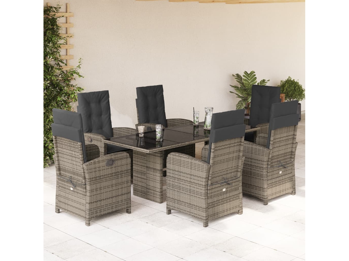 Vidaxl 7 Pcs Conjunto de Jantar P/ Jardim C/ Almofadões Vime Pe Cinza
