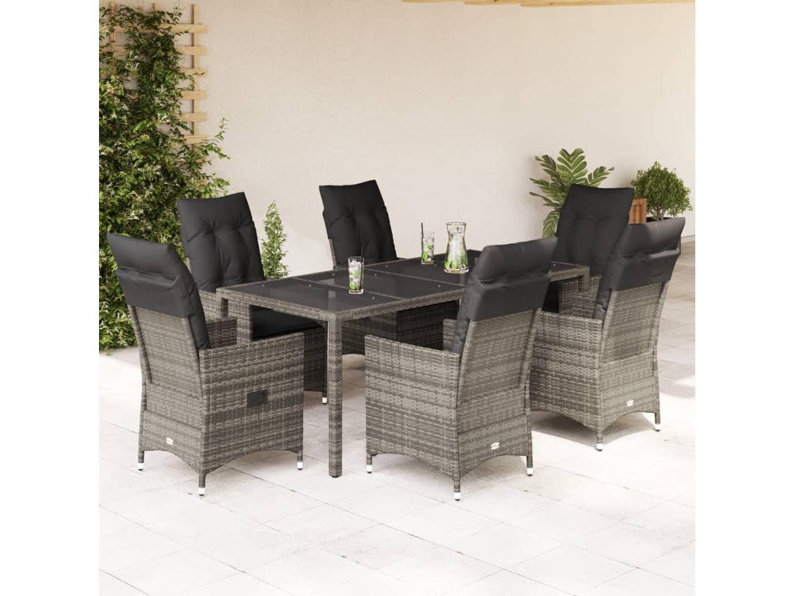 Vidaxl 7 Pcs Conjunto De Jantar P/ Jardim C/ Almofadões Vime Pe Cinza