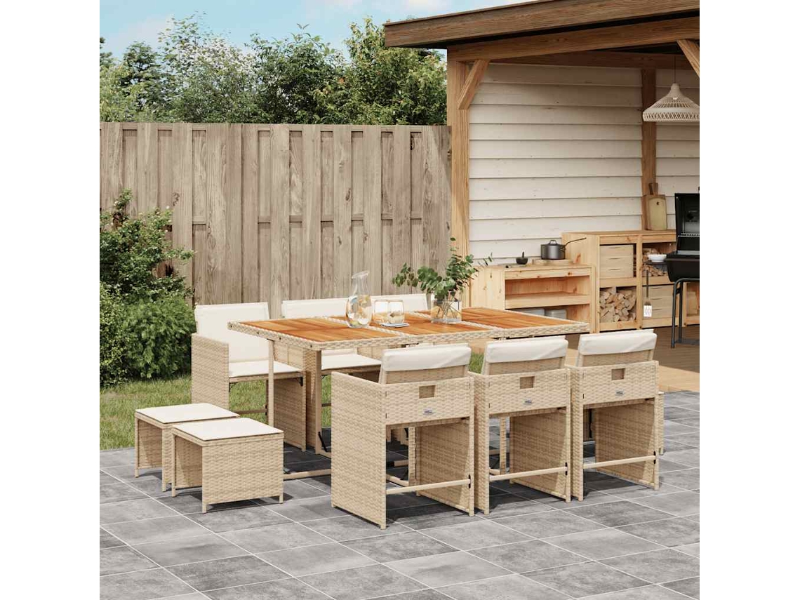 Vidaxl 11 Pcs Conjunto De Jantar P/ Jardim Com Almofadões Vime Pe Bege