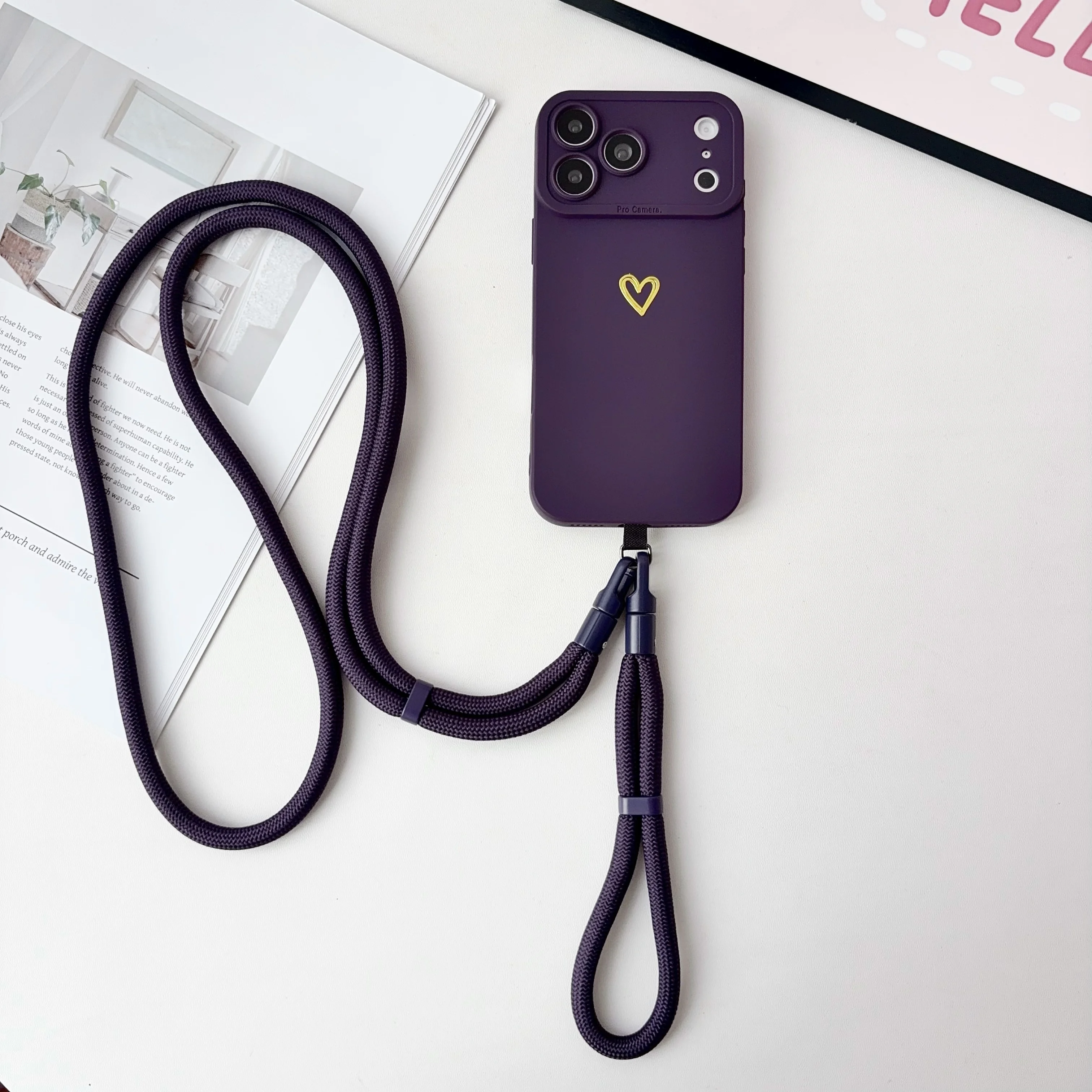 Capa Protetora Para Celular Com Alça De Mão E Transversal (roxa) Para Iphone 14 Plus, Em Silicone Macio.