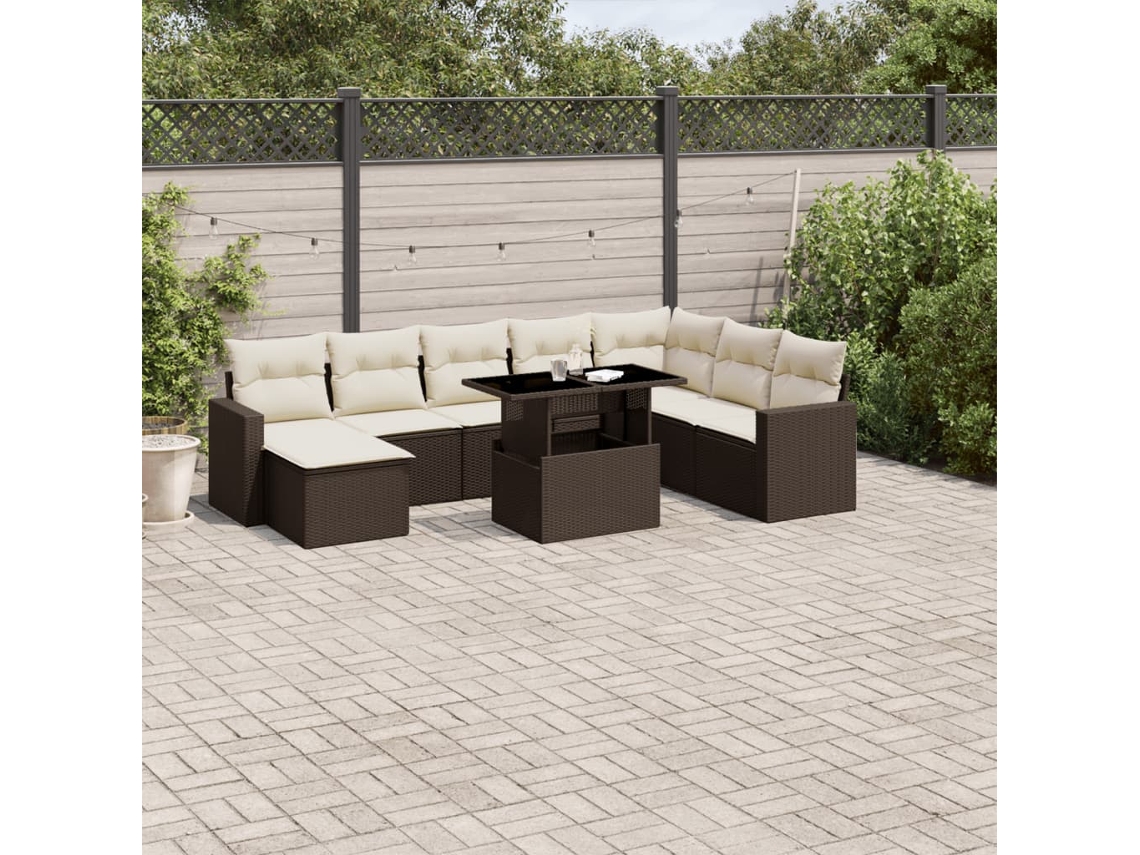 Vidaxl 9 Pcs Conjunto Sofás P/ Jardim C/ Almofadões Vime Pe Castanho