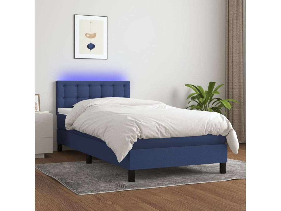 Vidaxl Cama Box Spring C/ Colchão E Led 90x190 Cm Tecido Azul
