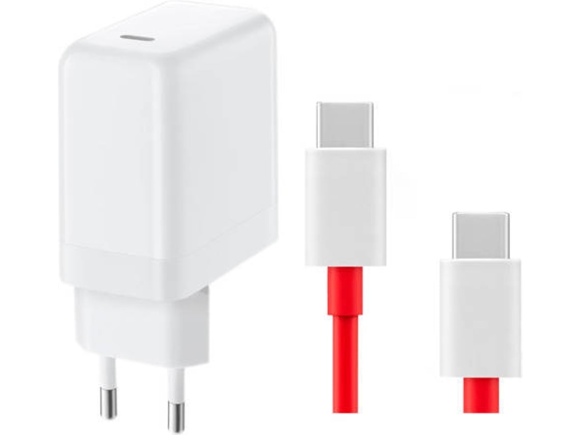 Kit Carregador Warp Charge e Cabo de Carga para Oneplus 6T 65W Usb-C Branco e Vermelho