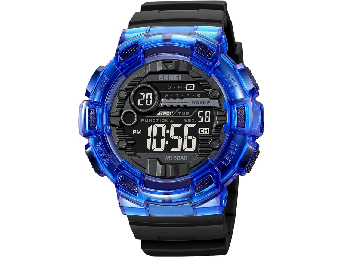 Lurelia Relógio Mecânico Masculino, Automático, Visor Digital, Led, Alarme, Data/calendário, 12/24h, Luminoso, Duplo Fuso/mostrador, Tpu, Azul
