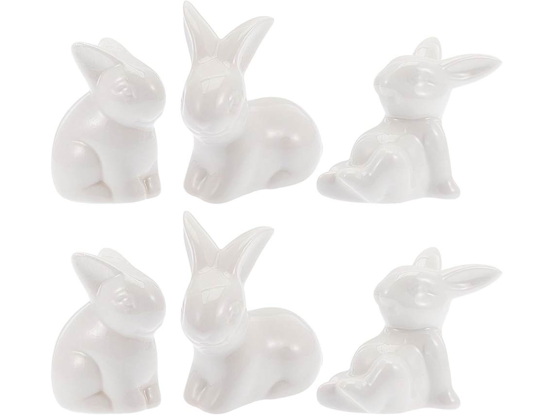 Conjunto 6 Coelhinhos Decorativos Cerâmica Branca Design Artístico Elegante Perfeitos Páscoa Decorar Estar GOKOCO
