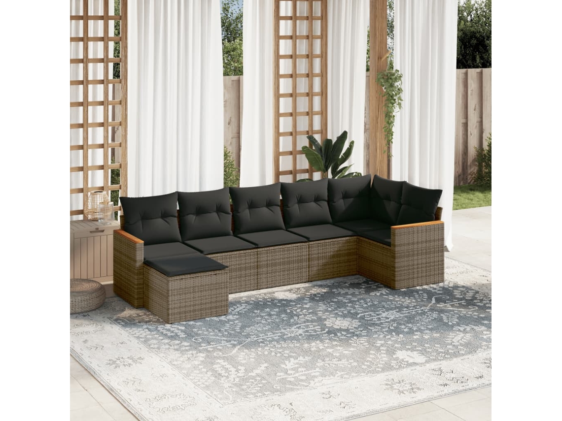Vidaxl 7 Pcs Conjunto Sofás P/ Jardim C/ Almofadões Vime Pe Cinzento