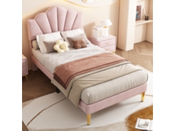 Cama Veludo 90x200 Cabeceira Concha Metal Dourado Ripas Madeira