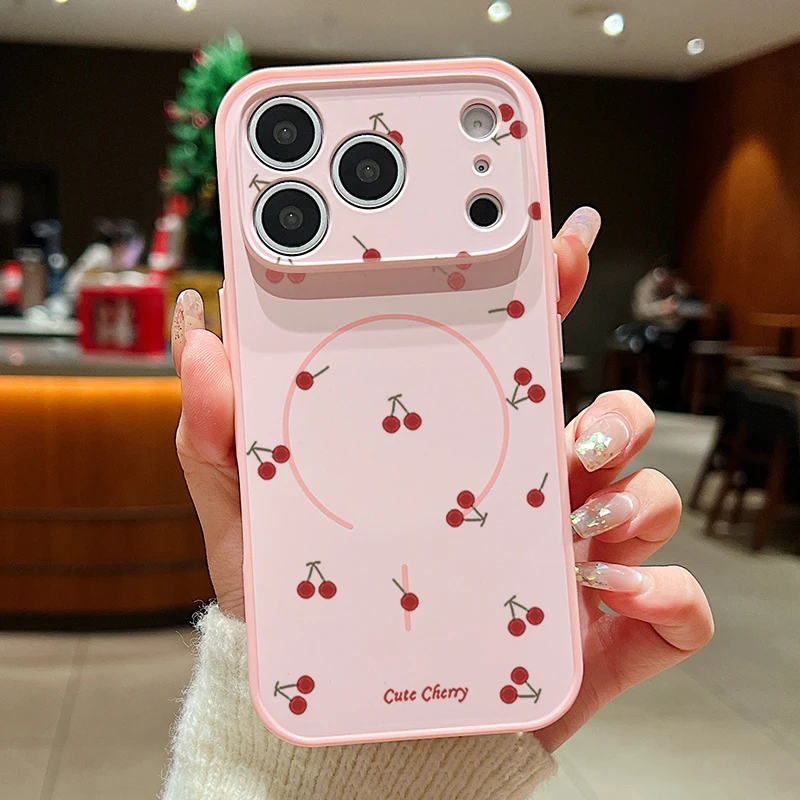 Capa Magnética Para Iphone 14 Com Estampa De Cereja Vermelha (rosa), Capa Protetora Rígida De Tpu E Pc.