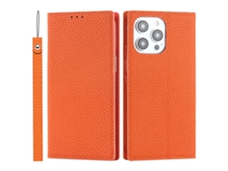 Capa Genuíno Queda Textura Lichia Para Iphone 15 Pro Pele Laranja