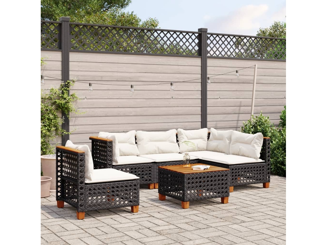 Vidaxl 6 Pcs Conjunto Sofás De Jardim C/ Almofadões Vime Pe Preto