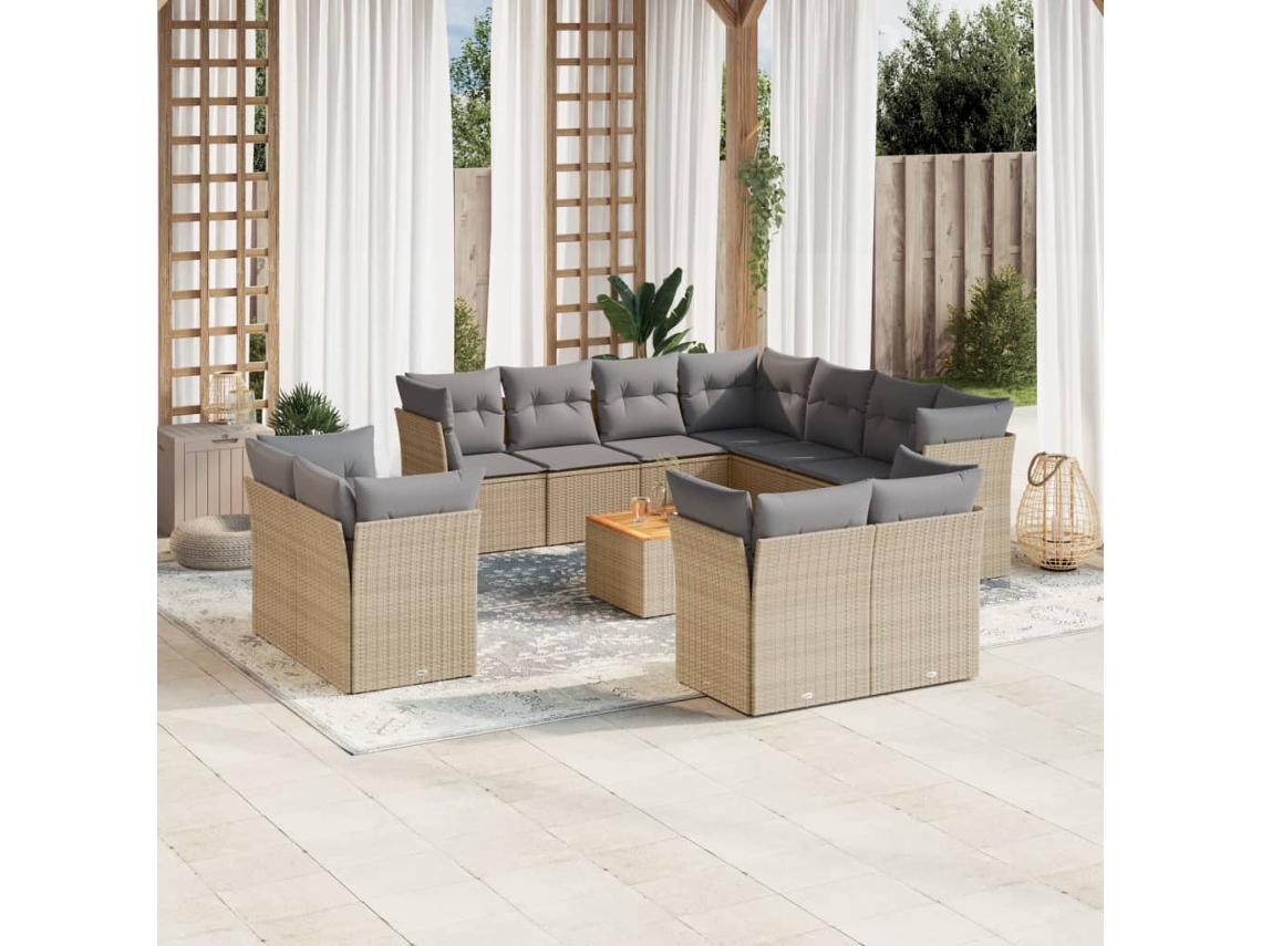 Vidaxl 12 Pcs Conj. Sofás Jardim C/ Almofadões Vime Pe Bege Misturado