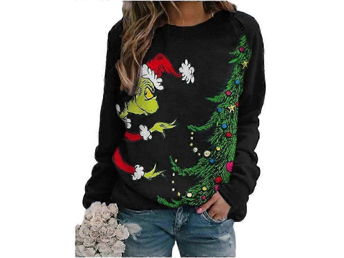 Moletom Natal feminino com estampa do Grinch, manga longa, gola redonda, estilo casual, modelagem solta, tamanho 2XL, cor preta.