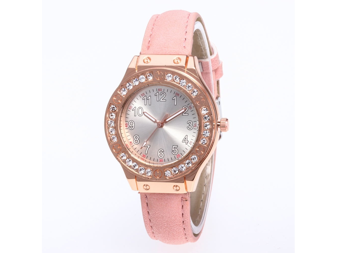 Relógio feminino de quartzo com pulseira de couro sintético e strass rosa.