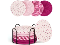 Conjunto 8 Bases De Copos Com Suporte - Absorventes Algodão - 11 Cm Rosa