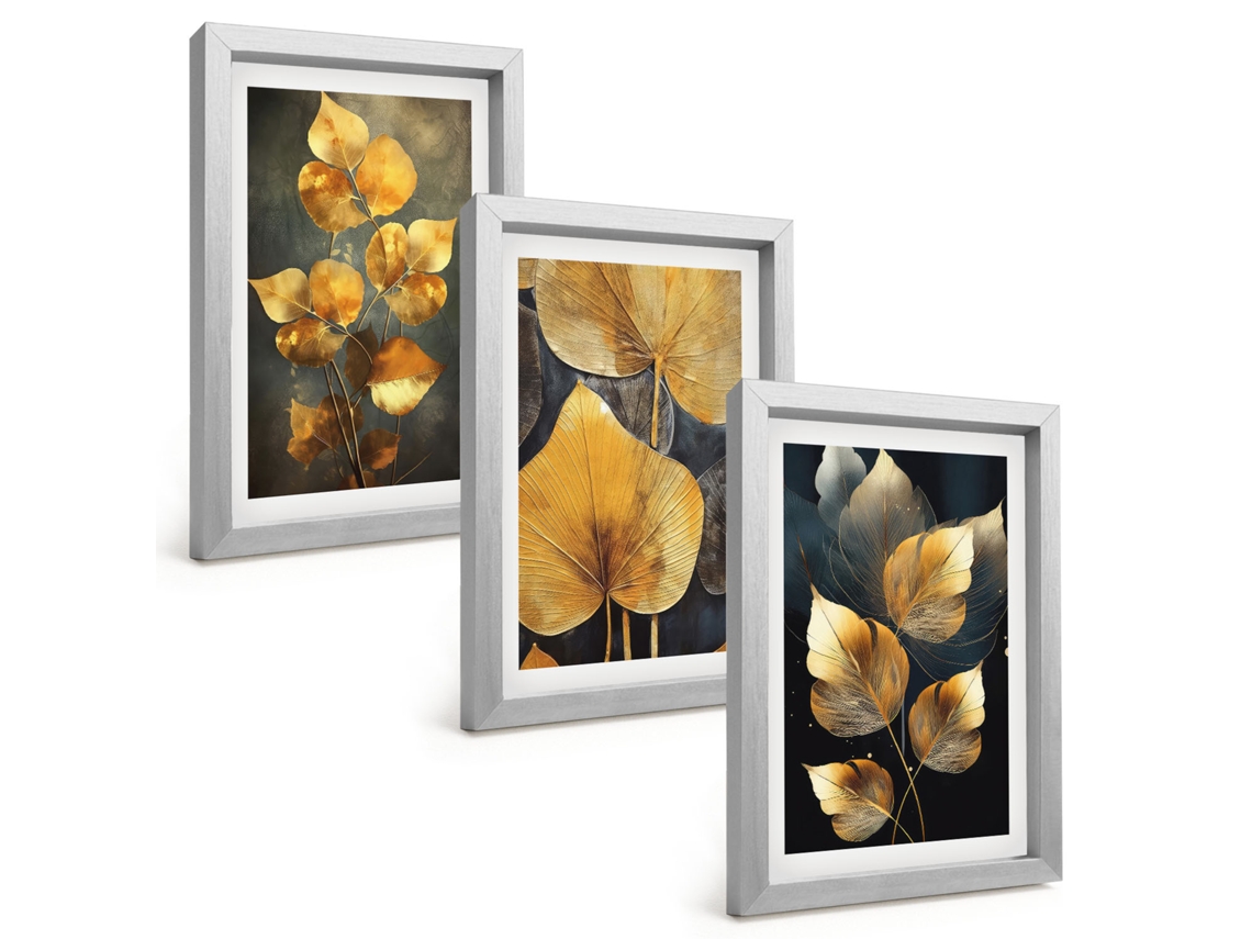 Composição De Quadros Folhas, Amarelo, Fundo Escuro Espelharte (3 Peças 20x30 Cm)