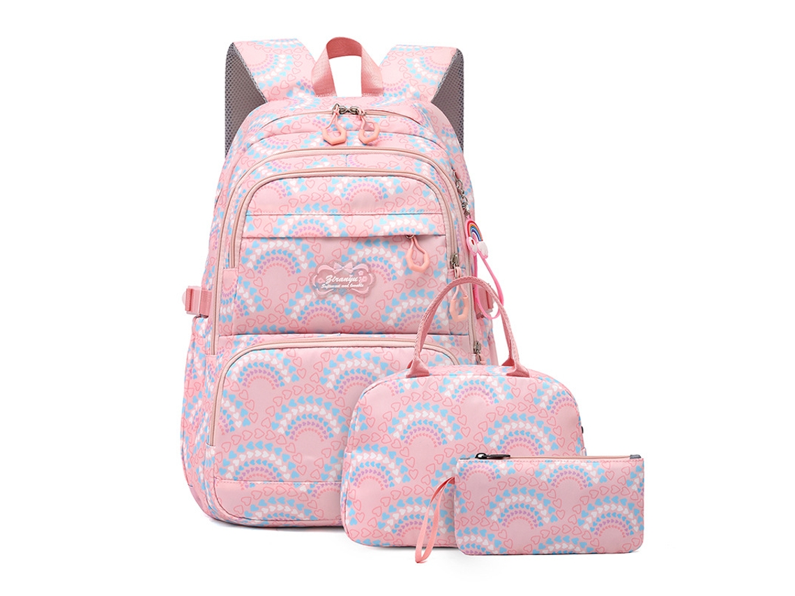 Mochila Com Lancheira E Estojo, Impermeável, Grande Capacidade, Adequada Para Escola, Viagens, Etc. Rosa