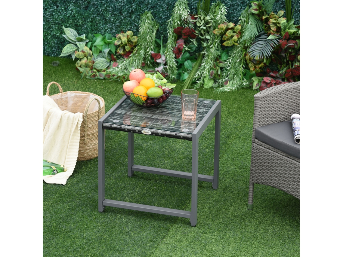 Mesa lateral de jardim Ehstmind com vidro temperado, polirattan e alumínio, resistente às intempéries e moderna para jardim, varanda e terraço
