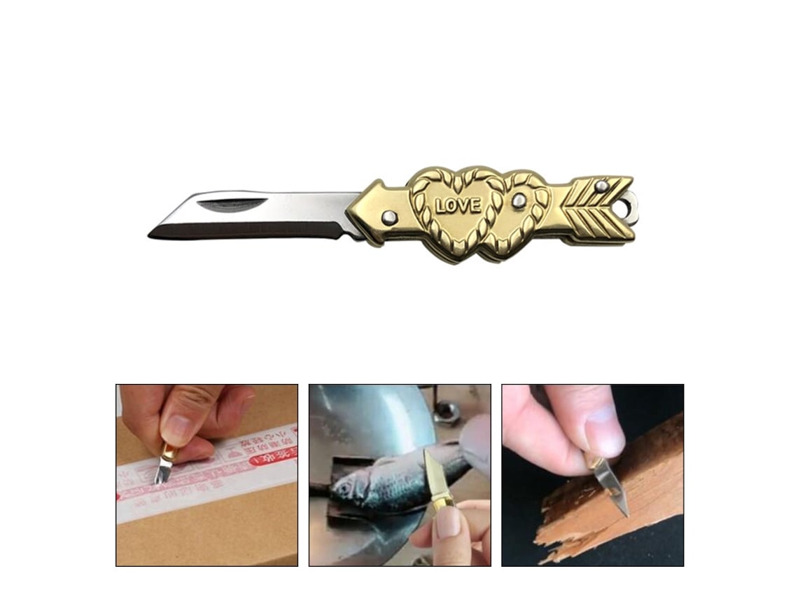Mini Cortador Plegável de Coração Aço Inoxidável Latão para Sobrevivência Edc Chaveiro